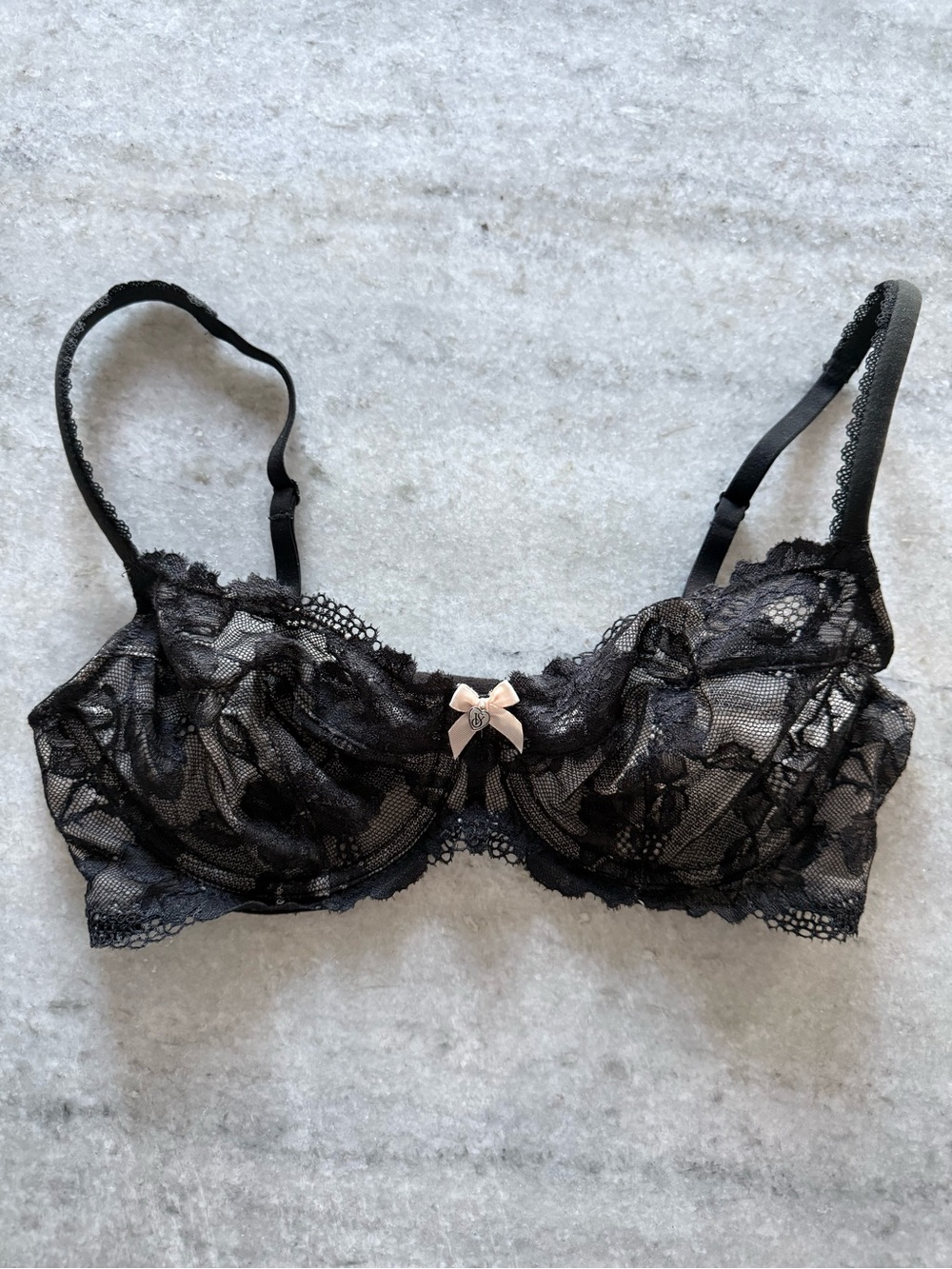 Victoria’s Secret Black Lace Underwire Bra with Sheer Floral Lace and Bow - 34C